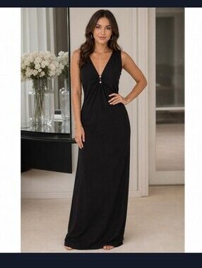 Mark & John Vintage Maxi Dress Black Sz 14 Sleeveless V Neck Diamond Back Slit